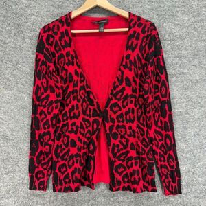 INC International Concepts Cardigan Women M Medium Red Animal Print V-Neck